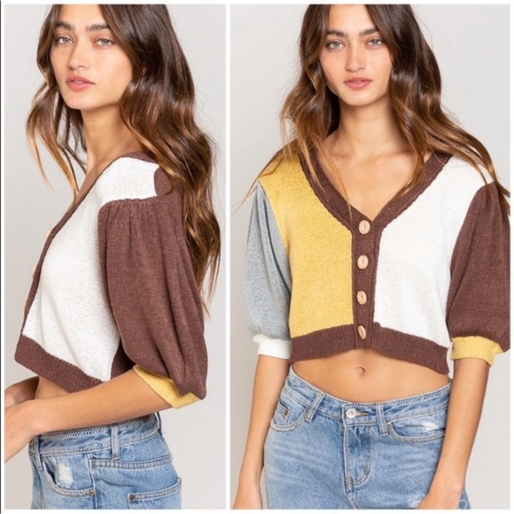 ✨POL✨ Colorblock Cardigan Sweater Brown Yellow - Picture 7 of 7